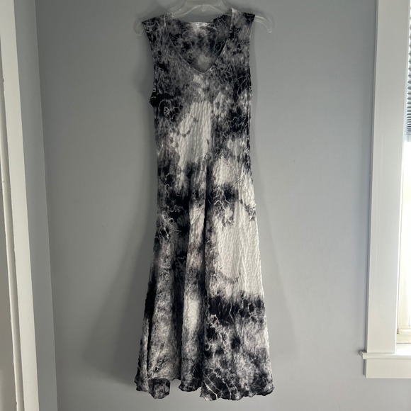 Luna Luz Dresses & Skirts - LUNA LUZ‎ Tie Dye Midi Dress Linen Blend V Neck Medium Crinkle Artsy Lagenlook